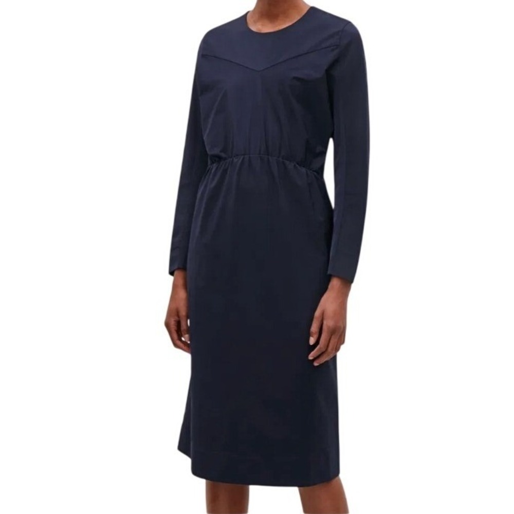 COS Stretch‎ Long Sleeve Elastic Waist & Pockets Blue Midi Dress Size 4